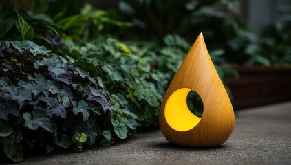 Wooden Teardrop Shaped Lantern With Warm Yellow Light