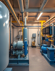 High-tech industrial reverse osmosis pump station for advanced city water purification. Panoramic view. Cutting-edge biotechnology, sustainable heating solutions, eco-friendly engineering, specializ