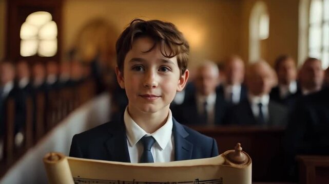 Smiling 13-year-old Sephardic Jewish boy at his Bar Mitzvah, wearing a crisp white shirt and dark suit, holding a Torah scroll, with soft, natural light filtering through the synagogue's windows