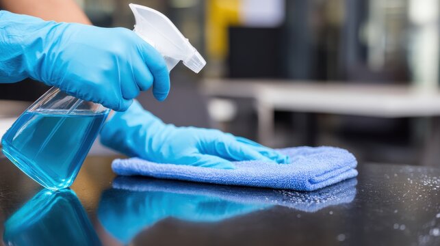 A stunning image of cleaning staff disinfecting surface with microfiber cloth and spray bottle.