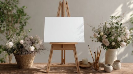 A stunning image of blank white welcome sign on an easel for a modern boho wedding - mockup template.
