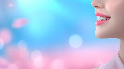 Fototapeta premium Smiling Woman with Soft Pink Background and Dreamy Atmosphere