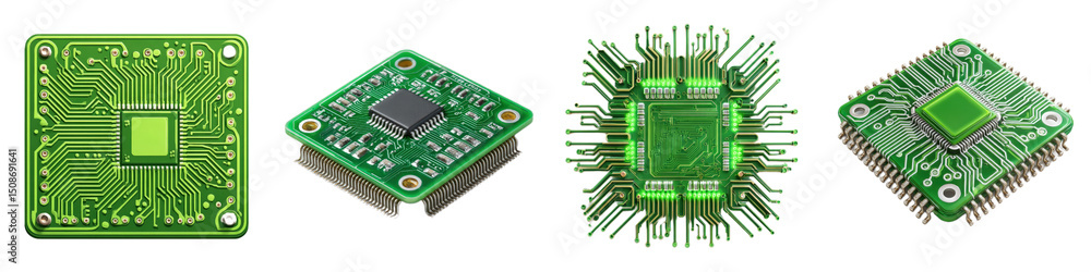 Poster high-tech microchips with green circuit designs and patterns
