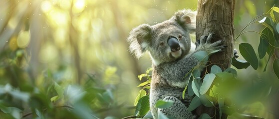 Fototapeta premium A cuddly koala bear clings to a tree trunk in the Australian forest, surrounded by eucalyptus leaves. The sunlight gives a serene glimpse of the wildlife
