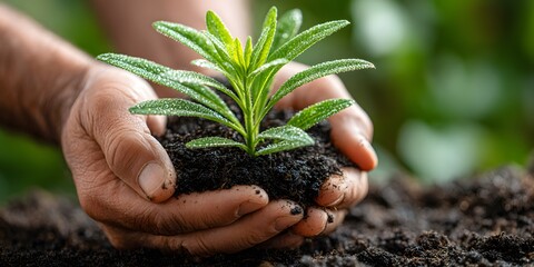 Close-up: hands cup vibrant green seedling in rich earth. Soft blurred green/white back. Natural, soft daylight. Hopeful, caring, organic. Shallow focus on hands, plant.