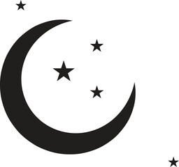 Moon with stars set. Half moon, crescent with star, night sky background. Half moon symbol, graphic elements, light star shapes graphic, boho witch mystic crescent icon collection.