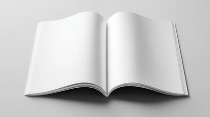 A stunning image of blank open magazine mockup with clean white pages, laid flat on a neutral background, open magazine mockup blank.