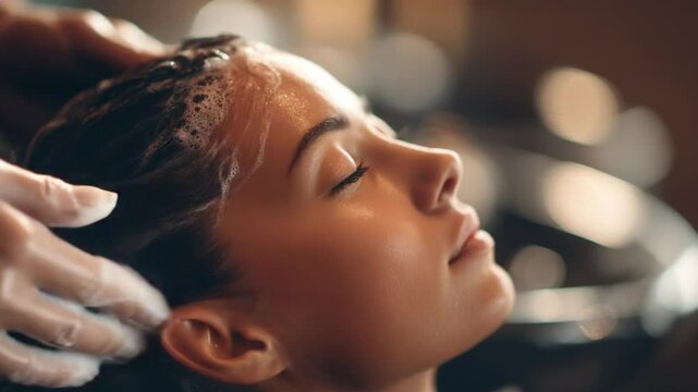 Young woman enjoying a relaxing hair wash at a salon with professional stylist gently massaging her scalp
