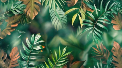 Tropical Leaves Pattern. Green Leaf Seamless. Artistic Photo Collage For Floral Print. With Soft Focus Effect.. With Empty Copy Space For Text