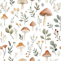 Autumnal Watercolor Mushroom And Floral Seamless Pattern