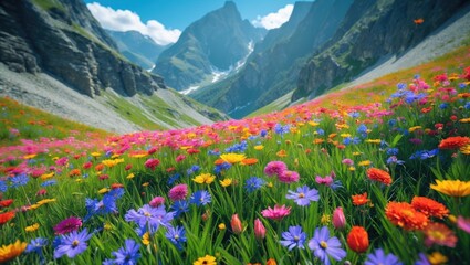 Fototapeta premium Amazing Flower Meadow in the Mountains with Empty Copy Space for Text