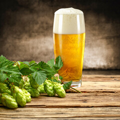 Cold glass of beer placed on a wooden table with copy space, set against blurred gray grunge cozy...