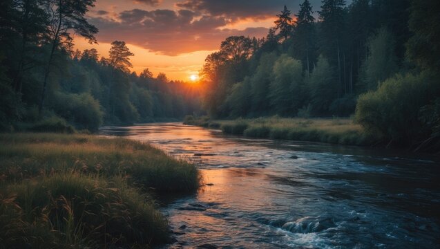 Forest nature at sunset with picturesque river banks in a forested area, featuring empty space for text.