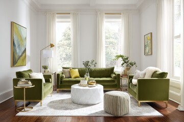 Living room with olive green velvet furniture and a neutral color palette.