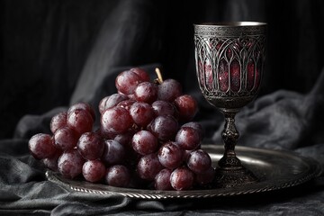Dark Still Life With Red Grapes And Wine Glass
