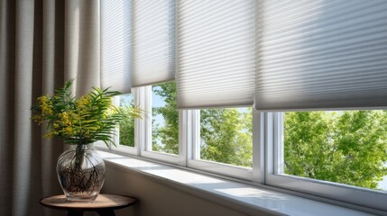 A stunning image of stunning Modern interior window with energy-efficient cellular shades, featuring honeycomb design for superior thermal insulation and light control in a.