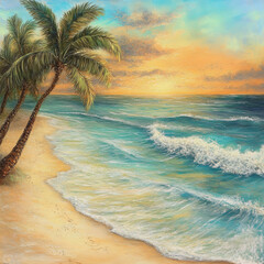 Stunning painting of palm trees on a sandy beach with ocean waves and a sunset
