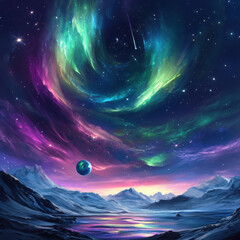 Stunning cosmic landscape featuring aurora borealis and distant planet across a dreamy horizon
