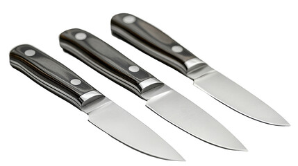Fototapeta premium Three steak knives with handles aligned on a plain background on transparent background