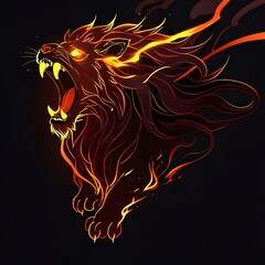 Fiery Roaring Lion Illustration with Flaming Mane on Black Background