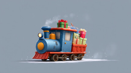 Blue and red toy train loaded with gift boxes on snowy surface