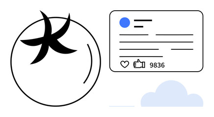 Circular abstract logo beside a social media post interface featuring engagement metrics thumbs up likes and comments. Ideal for branding, digital marketing, content creation, analytics, online