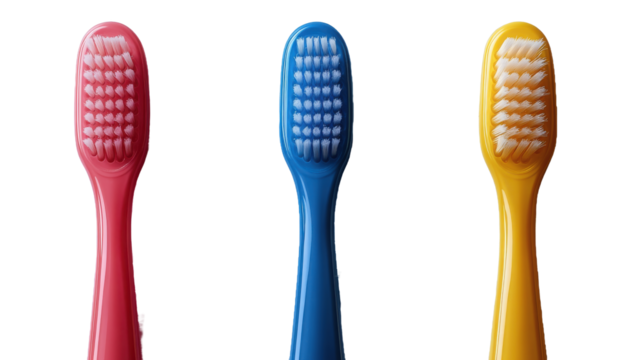 Three toothbrushes pink blue and yellow close up studio photograph on transparent background