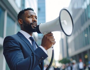 Businessman shouting into megaphone