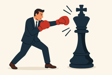 Business strategy combat metaphor. Businessman boxing chess king piece. Corporate warfare. Strategic planning fight. Professional challenge. Victory tactics. Aggressive approach concept.
