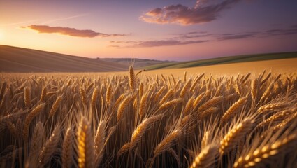 Obraz premium Field of ripe wheat with golden spikelets at sunset, featuring empty space for text.