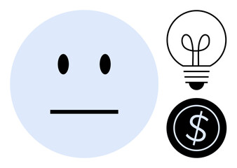 Fototapeta premium Neutral face paired with lightbulb and dollar coin suggests ideas, innovation, neutrality, money, creativity, decision-making, and emotional balance. Ideal for business, finance psychology economy