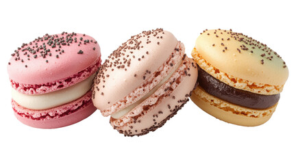 Fototapeta premium Three colorful macarons with cream filling and seeds close together on transparent background
