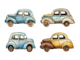 Four Vintage Cars In Watercolor Style