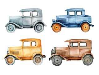Watercolor Vintage Cars Side View Illustration