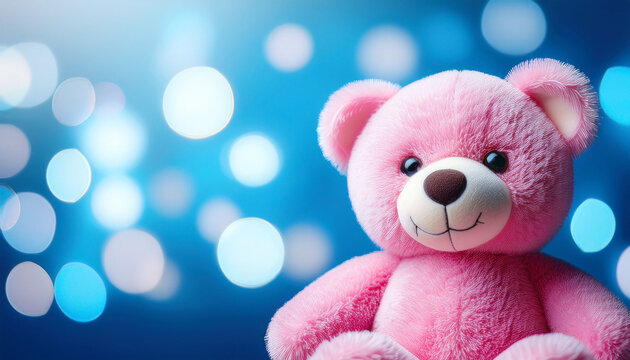 close up cute toy pink teddy bear on blue bokeh background with copy space