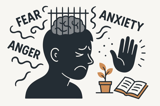 Anxiety emotional prison metaphor brain behind bars. Mental health psychology concept. Fear anger trapped emotions mind silhouette. Psychological barrier therapy wellness mindset