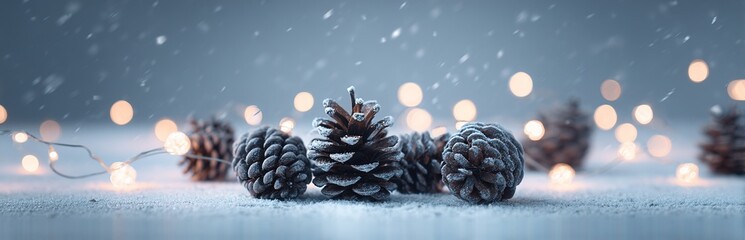 Snowy Pinecones Decorated With Warm Lights