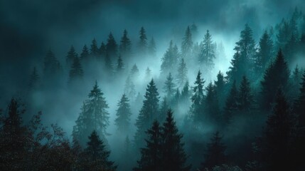 A stunning image of mystical forest with ethereal fog at night.