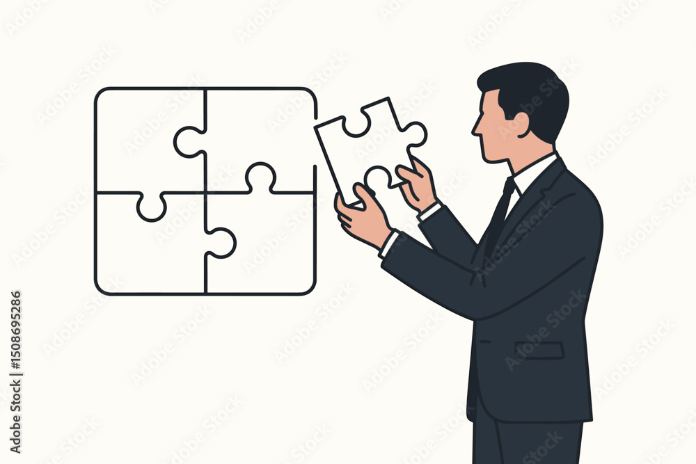 Poster strategic businessman completing jigsaw puzzle solution. problem solving business metaphor. final mi
