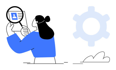 Woman holding a magnifying glass focused on a profile card with a user avatar. Large gear in background. Ideal for analysis, review, search, HR, recruitment, technology data. Flat simple metaphor
