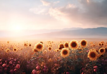 Sunset Sunflower Field With Pink Flowers