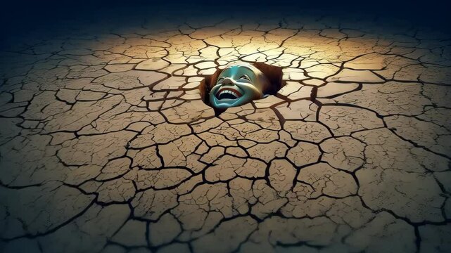 Joyful expression emerging from cracked surface of dry earth