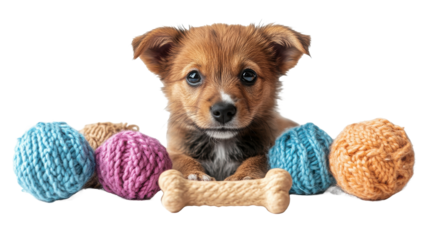 Adorable puppy with yarn balls and bone shaped treat looking forward on transparent background