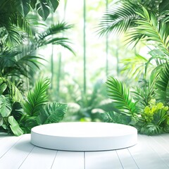 Tropical Product Podium with Lush Greenery and White Wood Floor
