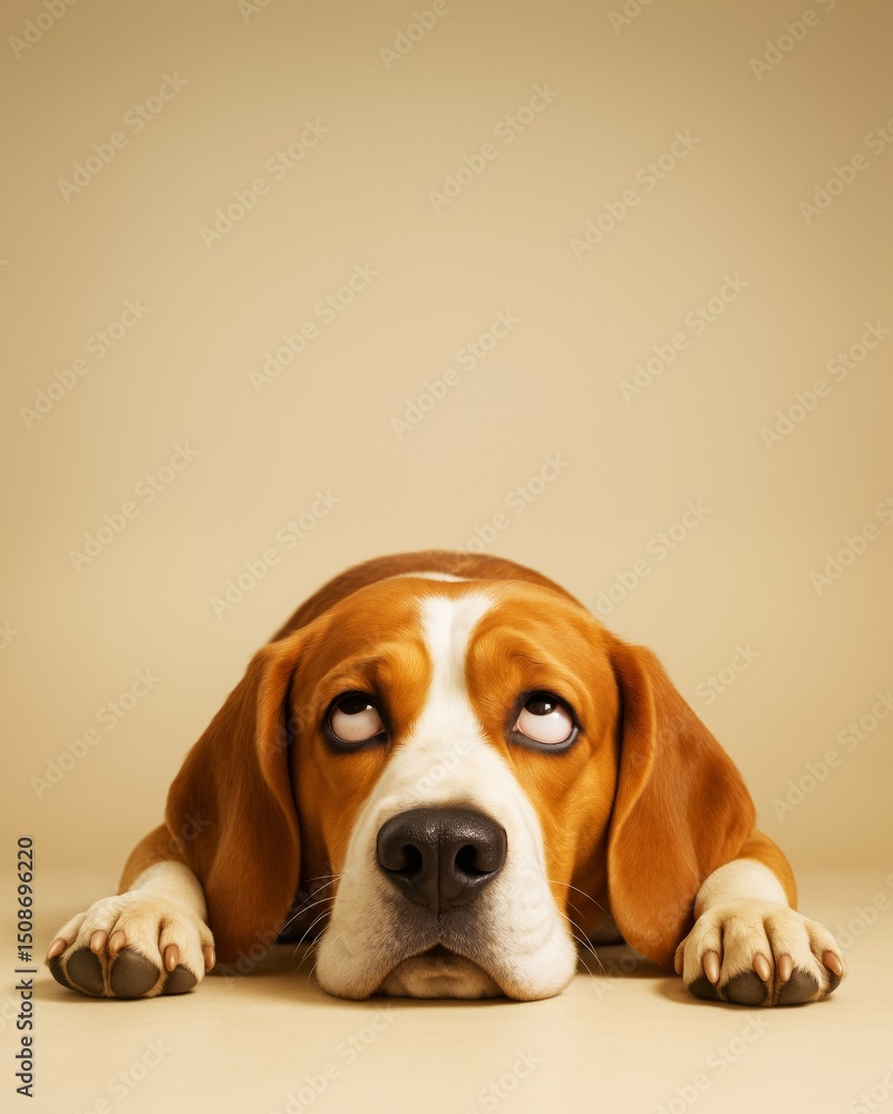 Poster Sad beagle dog lying on floor with funny expression, looking up with tired eyes on beige background, concept of emotion and copyspace mockup template.