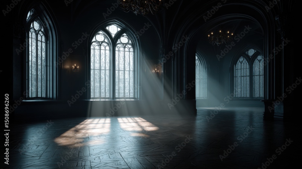 Poster a stunning image of empty dark room in gothic style with large windows eerie and atmospheric interio