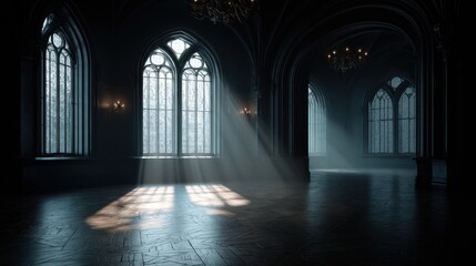 A stunning image of empty dark room in Gothic style with large windows eerie and atmospheric interior grand architectural details mysterious ambiance dramatic lighting and shadows.