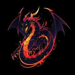 Fierce Fiery Dragon with Vibrant Flames and Dark Wings on a Black Background