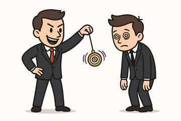 Business hypnosis mind control manipulation. Businessman hypnotizing colleague with pendulum. Corporate psychology influence power persuasion. Mental manipulation concept vector