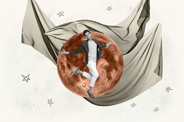 Full 3d poster art collage of happy girl guy stand space galaxy moon planet cosmos discovery...